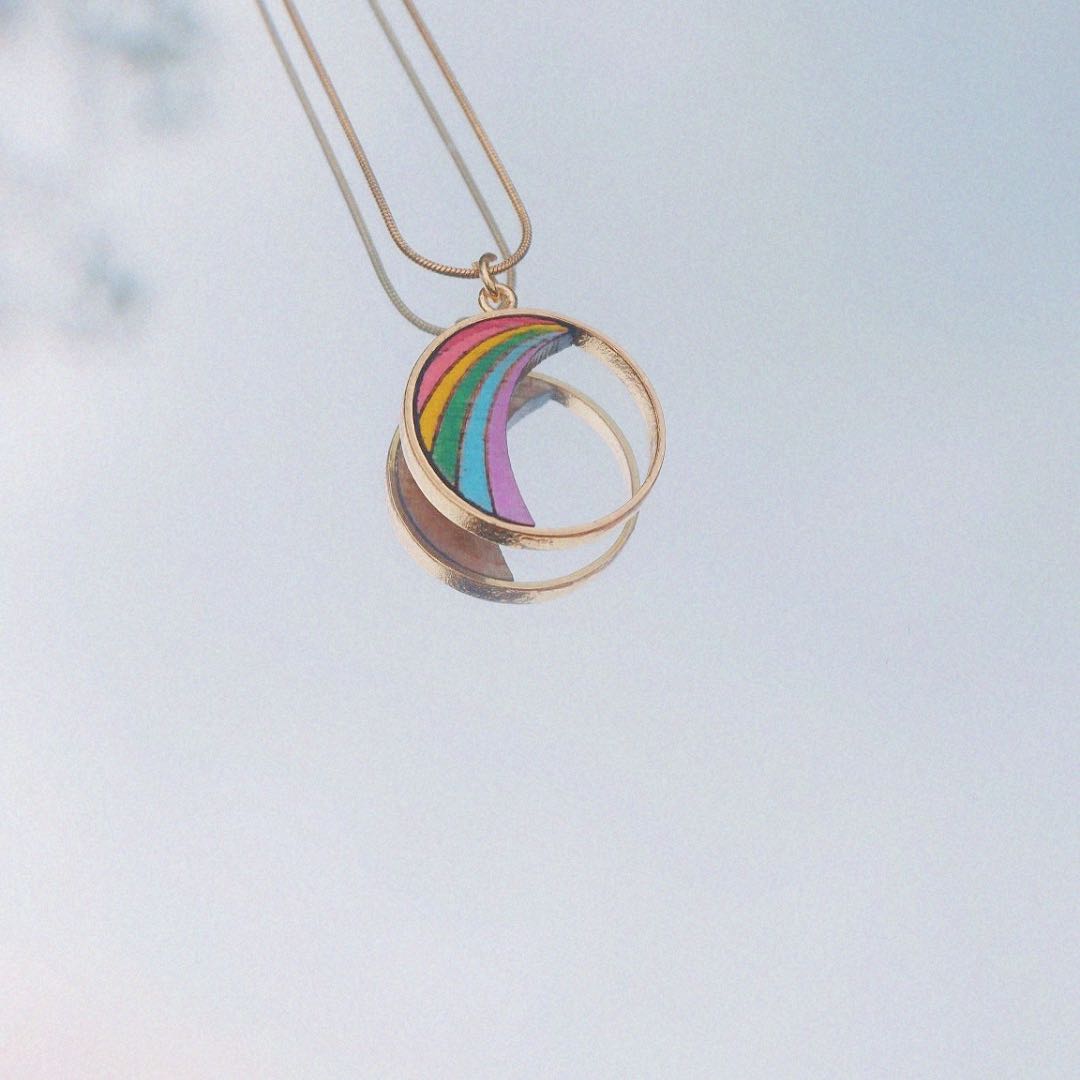 Rainbow Recycled Wood Gold Necklace-3