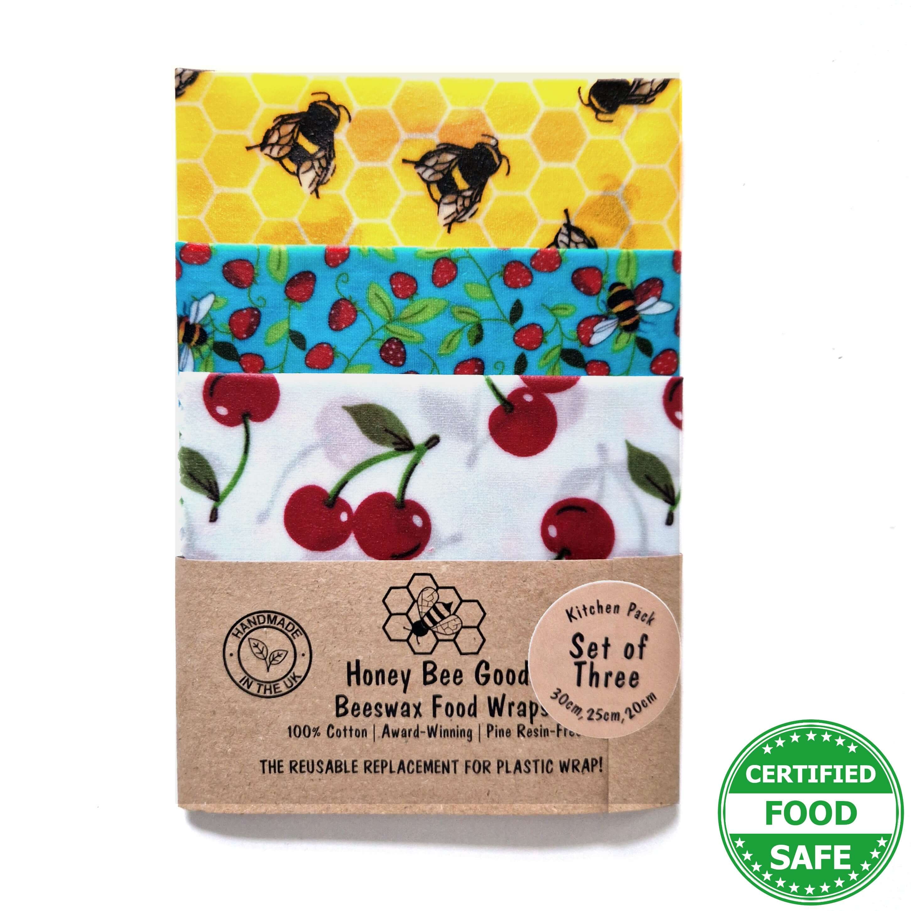 *Set of 3 Handmade Beeswax Wraps | Bees & Cherries-0