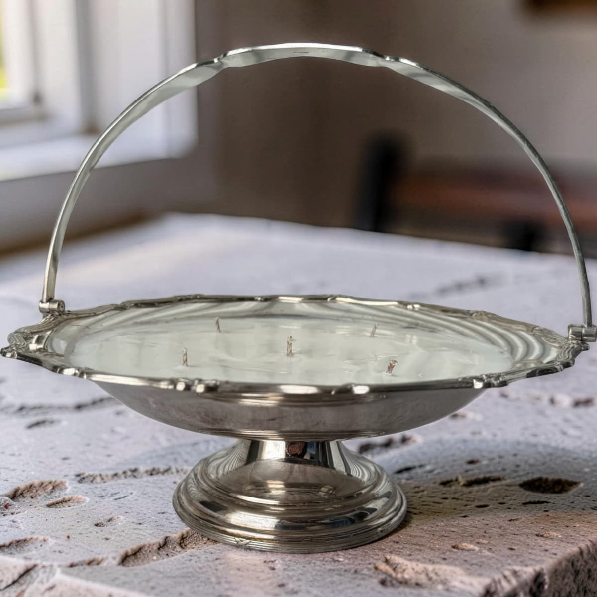 Repurposed Silver Cake Basket Candle - Lavender